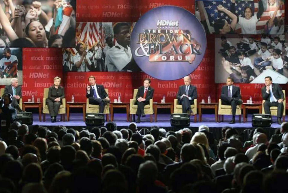 Members of the 2008 Democratic presidential field, including then-Sens. Joe Biden and Barack Obama, participate in that year's forum. (Courtesy Wayne Ford)