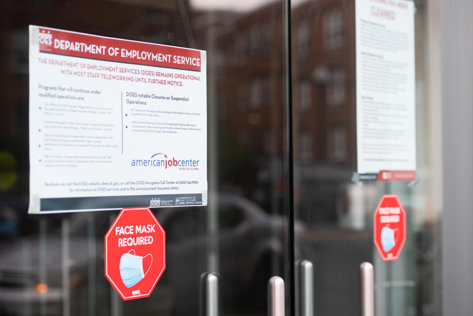 The DC Department of Employment Services, which handles unemployment claims for DC residents, is seen in Washington, DC, July 16, 2020. - Americans worry as unemployment benefits are due to end soon. (Photo by SAUL LOEB / AFP) (Photo by SAUL LOEB/AFP via Getty Images)