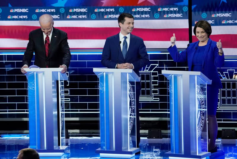 Senator Amy Klobuchar gives thumbs up during the ninth Democratic 2020 U.S. presidential debate at the Paris Theater in Las Vegas, Nevada, U.S.,
