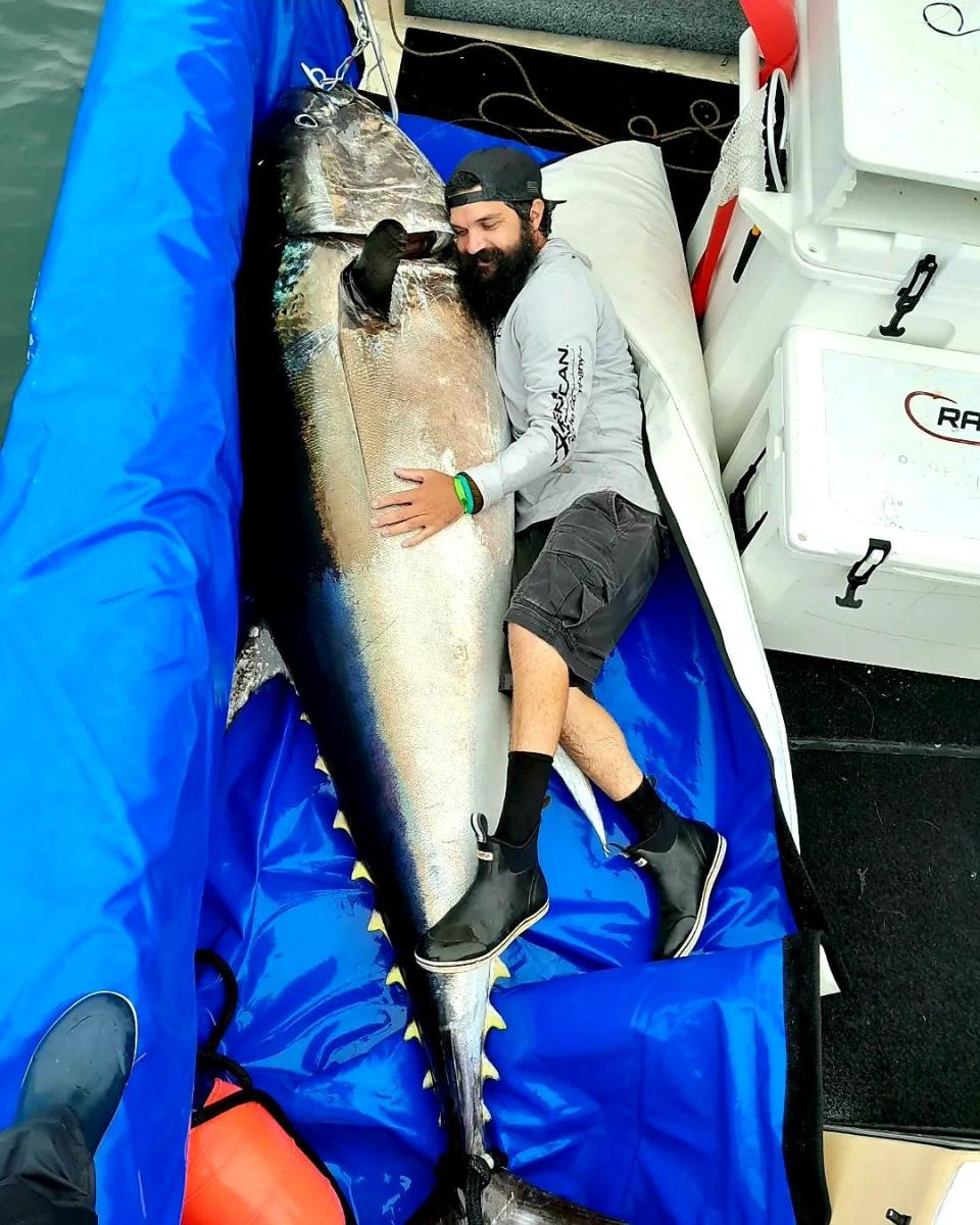 Jeff Sullivan and his fishing partners caught this 100-inch, 600-pound bluefin tuna about five miles off the Sakonnet River.