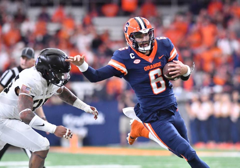 Sep 23, 2023; Syracuse, New York, USA; Syracuse Orange quarterback Garrett Shrader (6) runs past Army Black Knights defensive lineman Kyle Lewis (95) in the fourth quarter at the JMA Wireless Dome. Mandatory Credit: Mark Konezny-USA TODAY Sports