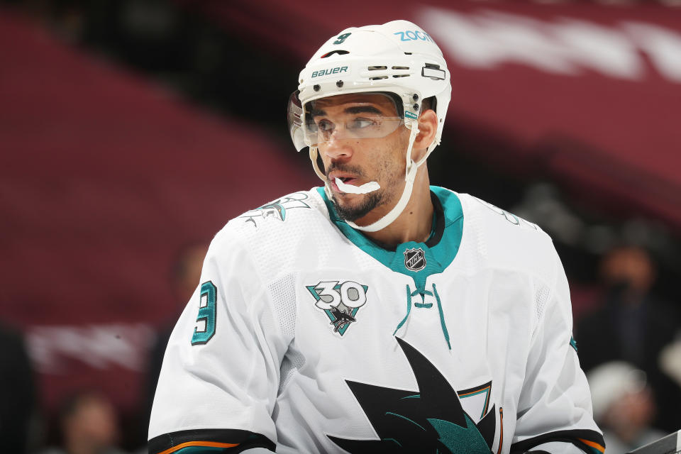 DENVER, COLORADO - MAY 1: Evander Kane #9 of the San Jose Sharks looks on against the Colorado Avalanche at Ball Arena on May 1, 2021 in Denver, Colorado. (Photo by Michael Martin/NHLI via Getty Images)