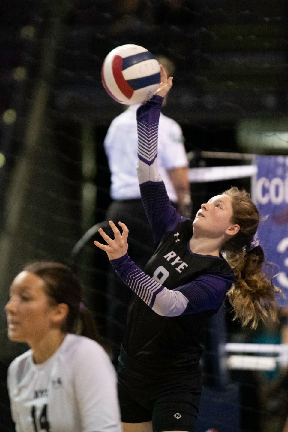 Rye High School's Jaklyn Newitt fires off a serve during the third day matchup with Holyoke at the Class 2A state girls volleyball tournament on Saturday, November 13, 2021.