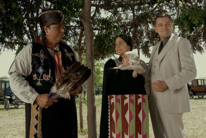 From left to right, Christopher Cote, Lily Gladstone and Leonardo DiCaprio star in "Killers of the Flower Moon." Photo courtesy of Apple TV+