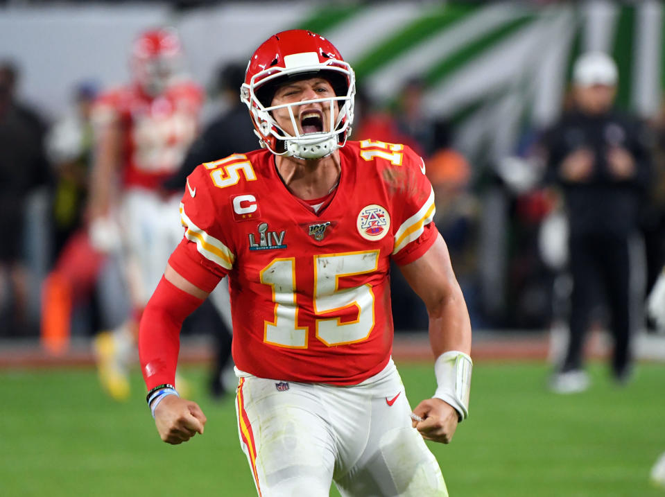 Feb 2, 2020; Miami Gardens, Florida, USA; Kansas City Chiefs quarterback <a class="link " href="https://sports.yahoo.com/nfl/players/30123" data-i13n="sec:content-canvas;subsec:anchor_text;elm:context_link" data-ylk="slk:Patrick Mahomes;sec:content-canvas;subsec:anchor_text;elm:context_link;itc:0">Patrick Mahomes</a> (15) celebrates after a touchdown in the fourth quarter against the San Francisco 49ers in Super Bowl LIV at Hard Rock Stadium. Mandatory Credit: Robert Deutsch-USA TODAY Sports