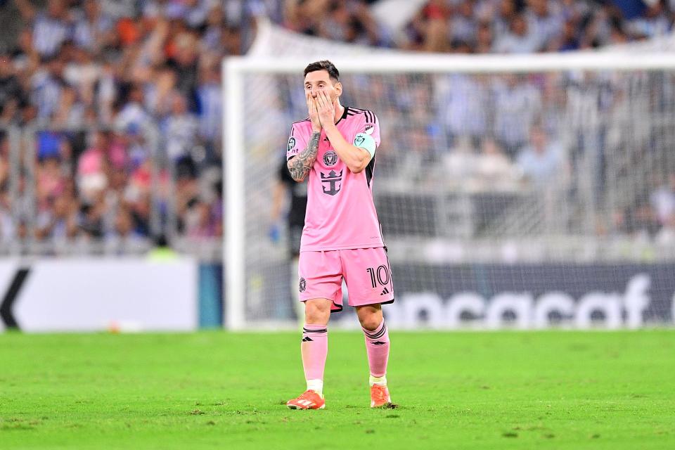 MONTERREY, MEXICO - APRIL 10: Inter Miami's Lionel Messi number 10 of Monterrey during the first half of the second leg of the CONCACAF Champions Cup 2024 Round of 16 at the BBVA Stadium on April 10, 2024 in Monterrey, Mexico. react to it.  (Photo by Azael Rodriguez/Getty Images)