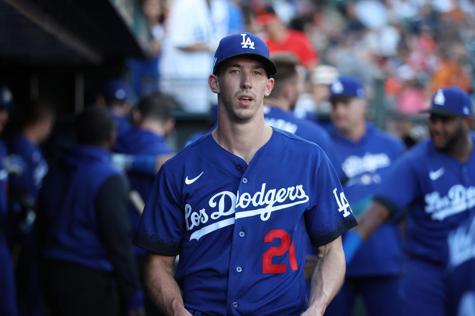 SAN FRANCISCO, CALIFORNIA - JUNE 10: Walker Buehler #21 of the Los Angeles Dodgers looks on before the game against the San Francisco Giants at Oracle Park on June 10, 2022 in San Francisco, California. (Photo by Lachlan Cunningham/Getty Images)