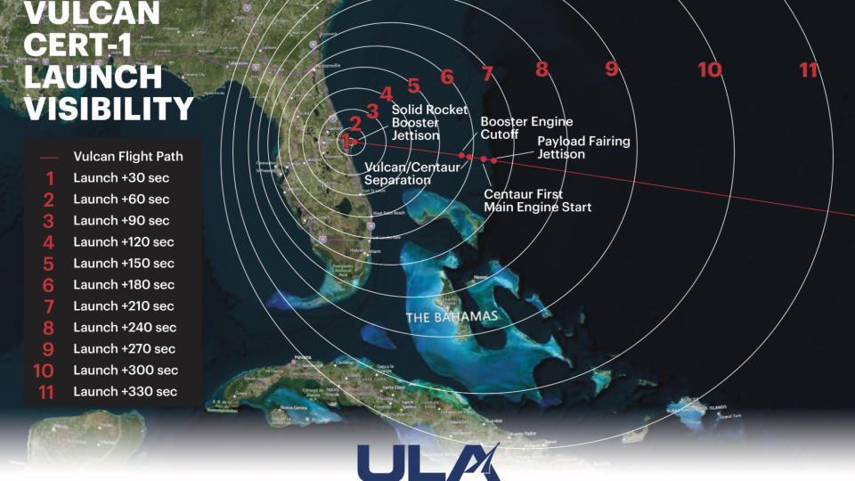 A launch map and timeline for the Vulcan Cert-1 test flight