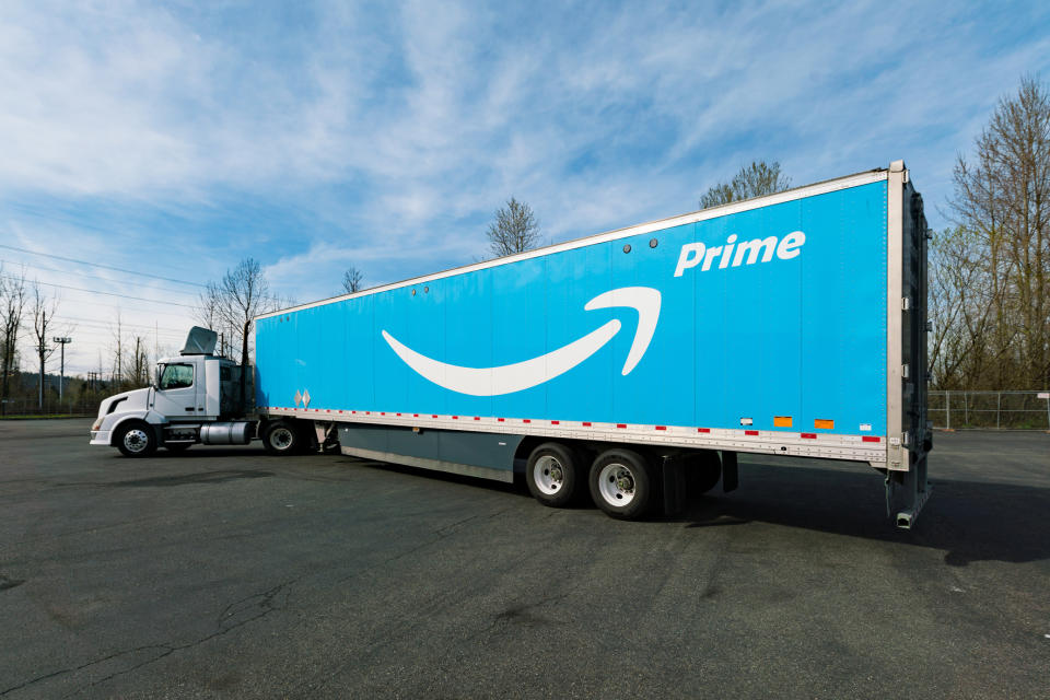 A tractor-trailer painted with Amazon Prime's logo.