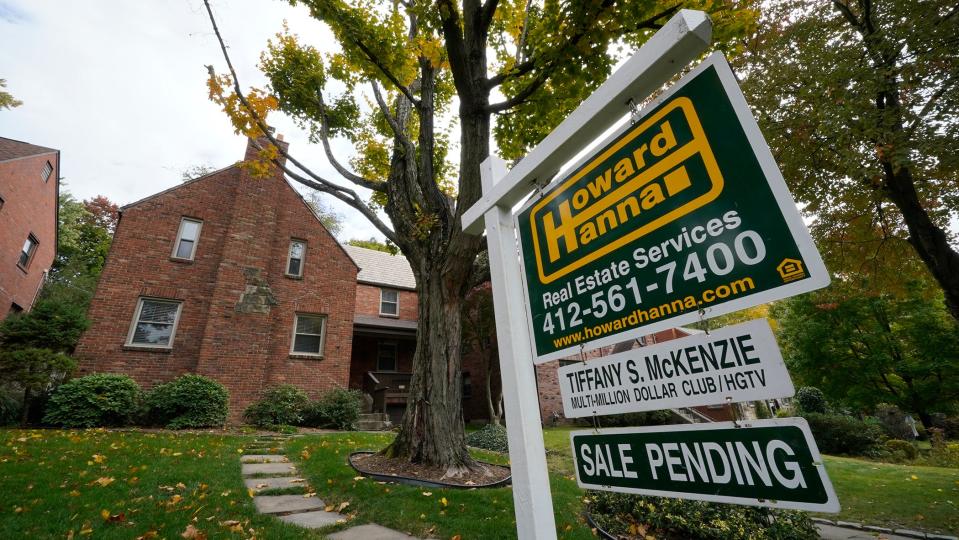 This is a home in Mount Lebanon, Pa., under contract, Oct. 17, 2022. Sales of previously occupied U.S. homes fell in September for the eighth month in a row, though the decline was the most modest yet since the housing market began to cool amid sharply higher mortgage rates.