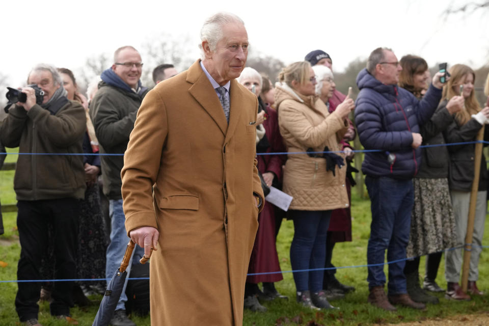 King Charles III leaves after attending the Christmas day service at St Mary Magdalene Church in Sandringham in Norfolk, England, Sunday, Dec. 25, 2022. (AP Photo/Kirsty Wigglesworth)