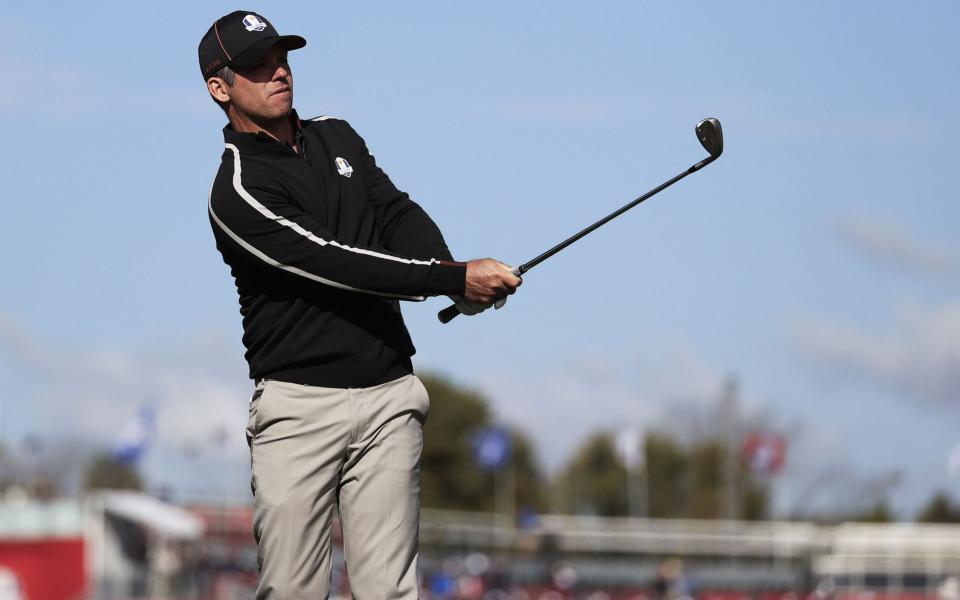 European team member Paul Casey of England chips on the first hole during a practice round for the pandemic-delayed 2020 Ryder Cup golf tournament at the Whistling Straits golf course in Kohler, Wisconsin, USA, 23  - Shutterstock 