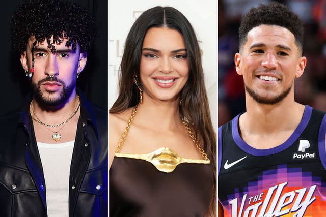 Alberto E. Rodriguez/Getty Images for CinemaCon; Kevin Mazur/Getty for Atlantis The Royal; Barry Gossage/NBAE via Getty Bad Bunny (left), Kendall Jenner (center) and Devin Booker (right)