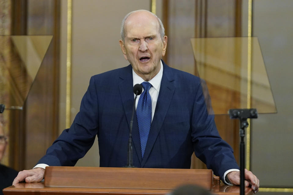 The Church of Jesus Christ of Latter-day Saints President Russell M. Nelson speaks during a news conference on June 14, 2021, in Salt Lake City. Members of the faith widely known as the Mormon church remain deeply divided on vaccines and mask-wearing despite consistent guidance from church leaders. (AP Photo/Rick Bowmer)