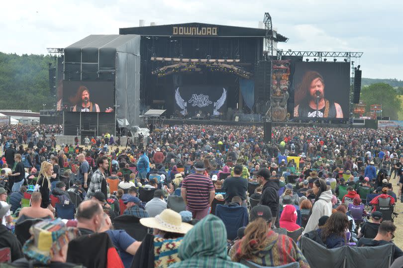 Crowds watching the main stage at Download Festival.