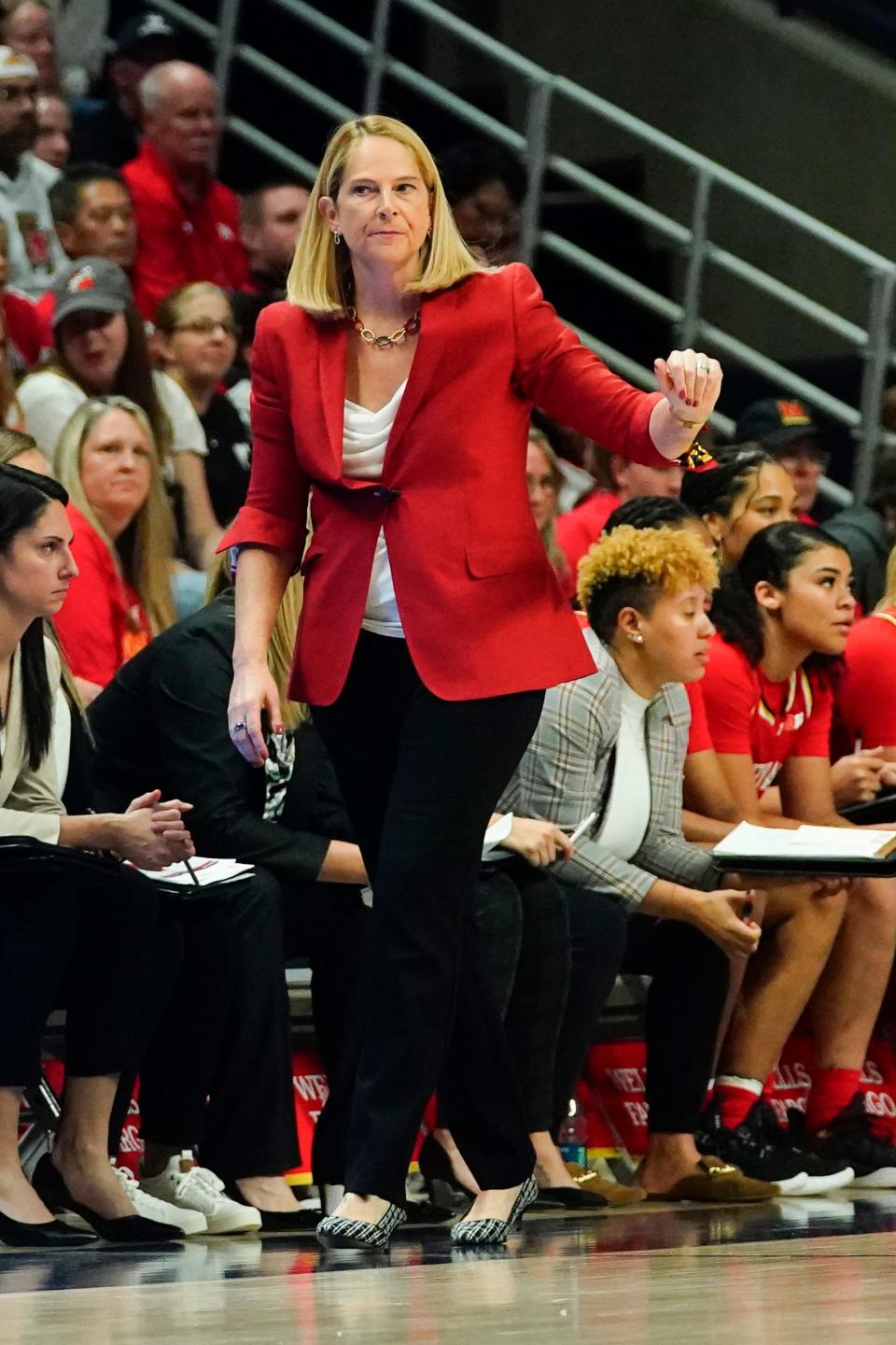 Maryland Terrapins head coach Brenda Frese looks on from the sidelines during a game against the Connecticut Huskies on Nov. 16, 2023.