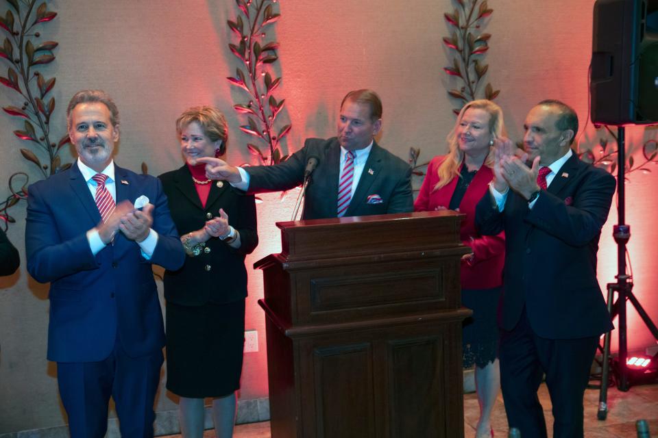 GOP Chairman Shaun Golden introduces candidates and welcome the faithful as Monmouth County Republicans gather on Election Night in Freehold NJ, November 2, 2021.