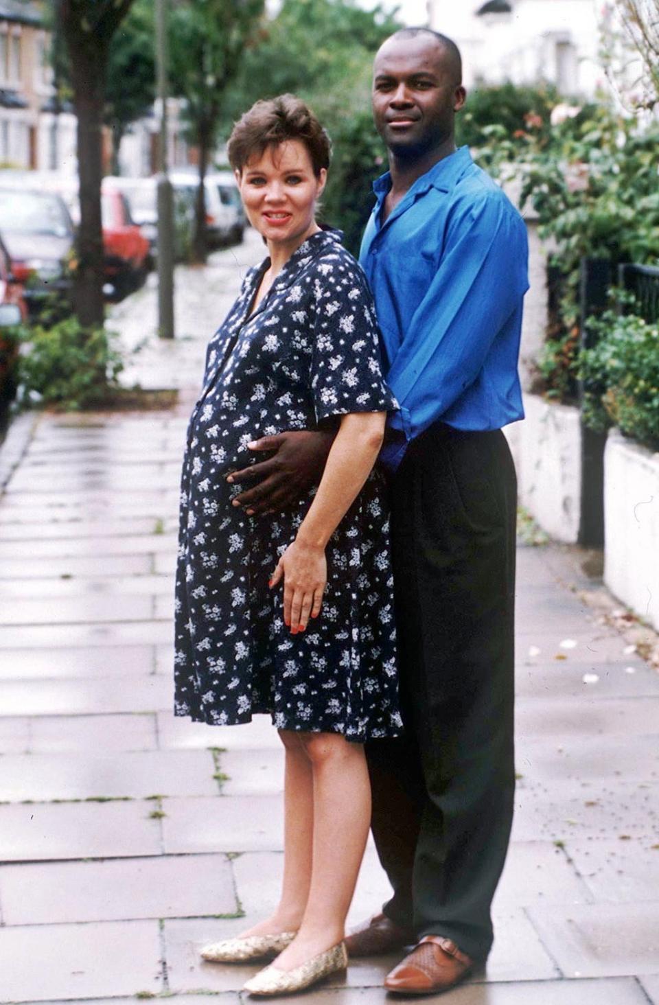 Allwood pictured with Hudson during her pregnancy in 1996. (Rex Features)