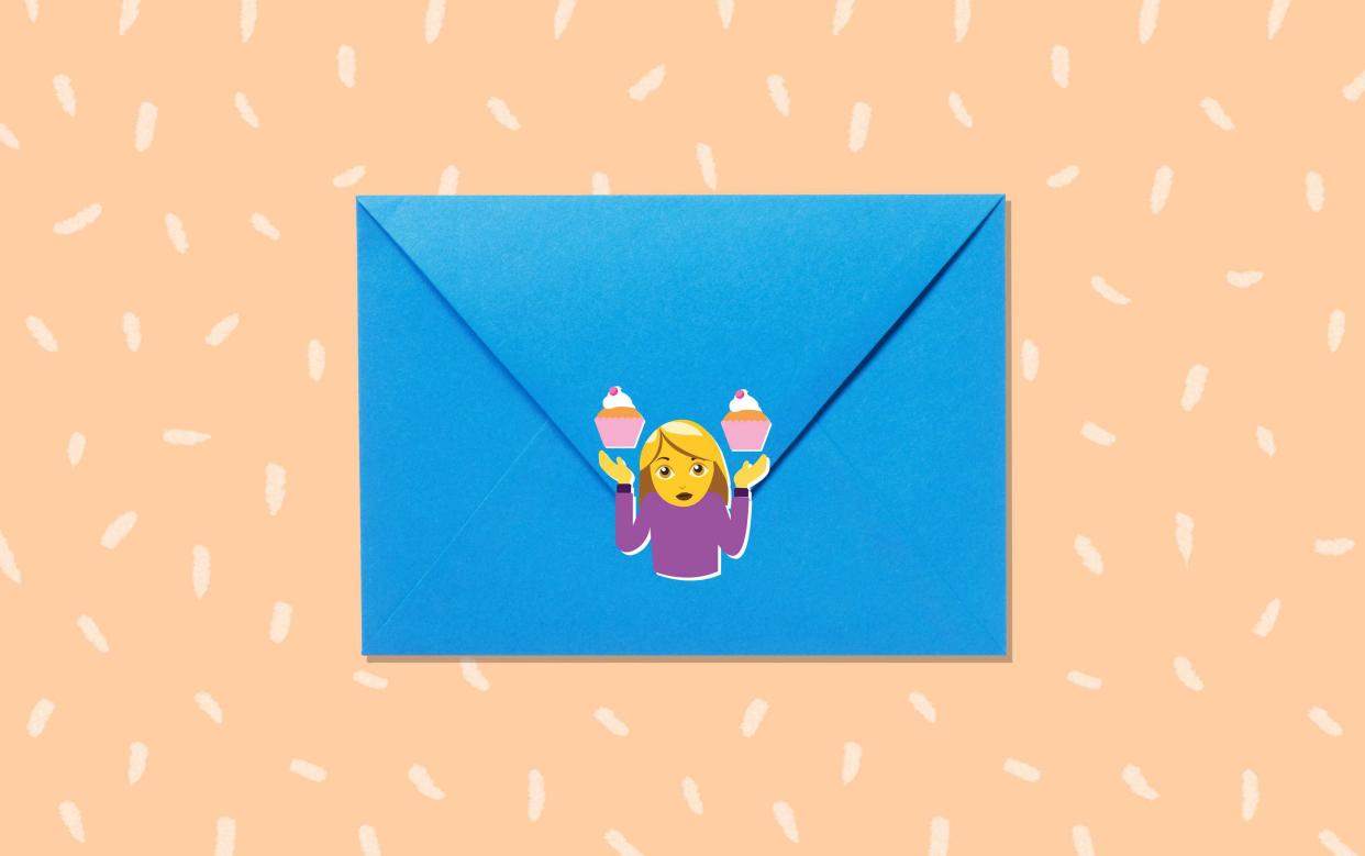 invitation with shrugging mom emoji sticker on it