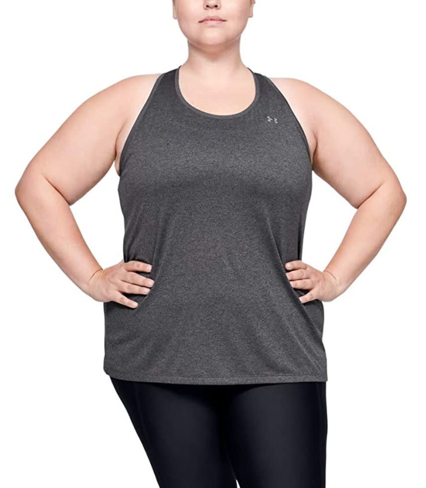 This <a href="https://amzn.to/33T7ZYj" target="_blank" rel="noopener noreferrer">Under Armour tank top</a> is made of polyester and is soft, quick-drying and sweat-wicking. It comes in black, heather gray and white. <br /><br /><strong>Sizes:</strong> This tank comes in sizes 1X to 3X. <br /><strong>Rating:</strong> It has a 4.5-star rating over 30 reviews. <br /><strong>$$$:</strong> <a href="https://amzn.to/33T7ZYj" target="_blank" rel="noopener noreferrer">Find it starting at $19 on Amazon</a>.