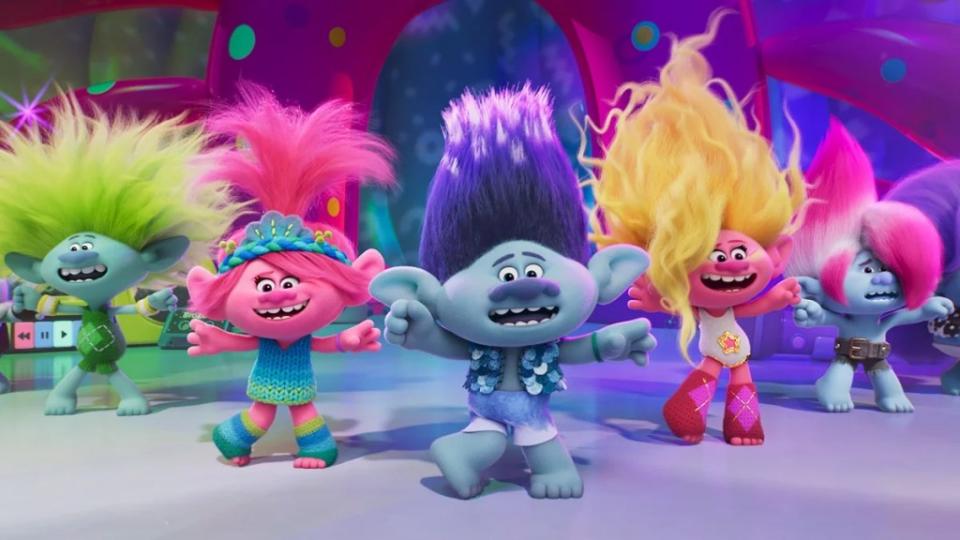 From left to right: Clay (Kid Cudi), Poppy (Anna Kendrick), Branch (Justin Timberlake), Viva (Camila Cabello) and Floyd (Troye Sivan) in “Trolls Band Together, “directed by Walt Dohrn. (Universal)
