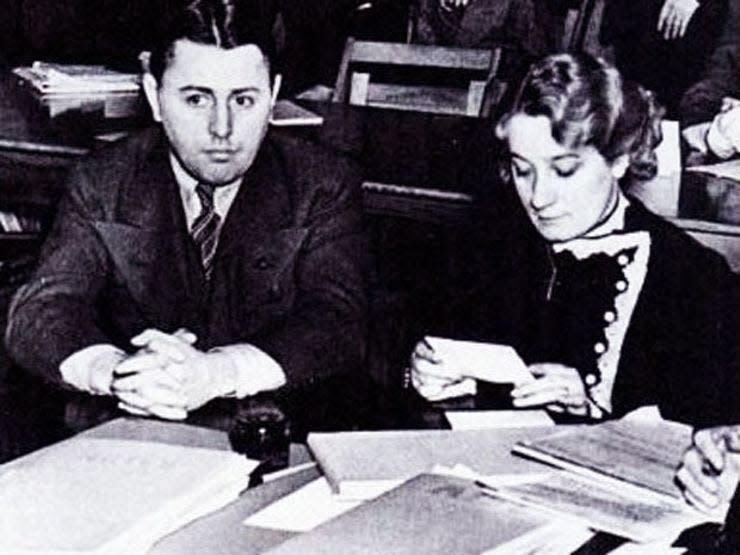 At the defense table with one of her lawyers, then-murder suspect Anna Hahn read through letters sent to her by a fascinated public. Hahn became the first woman killed in Ohio by the electric chair.