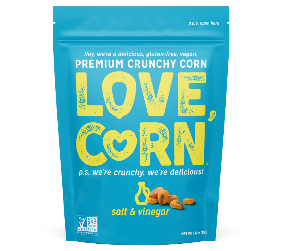 A blue bag that says "love, corn" in big yellow letters