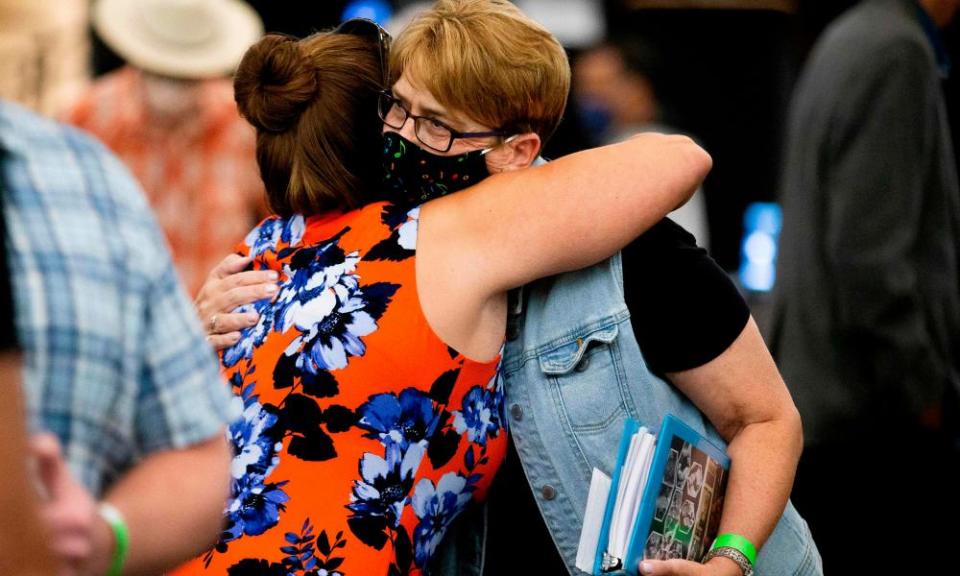 Mary Berwert, left, and Debbi Domingo McMullan embrace after Joseph James DeAngelo was sentenced on Friday. Berwert was 13 when DeAngelo raped her in her Walnut Creek bedroom in 1979. DeAngelo killed McMullan’s mother, Cheri Domingo, and Cheri’s boyfriend Gregory Sanchez in 1981.