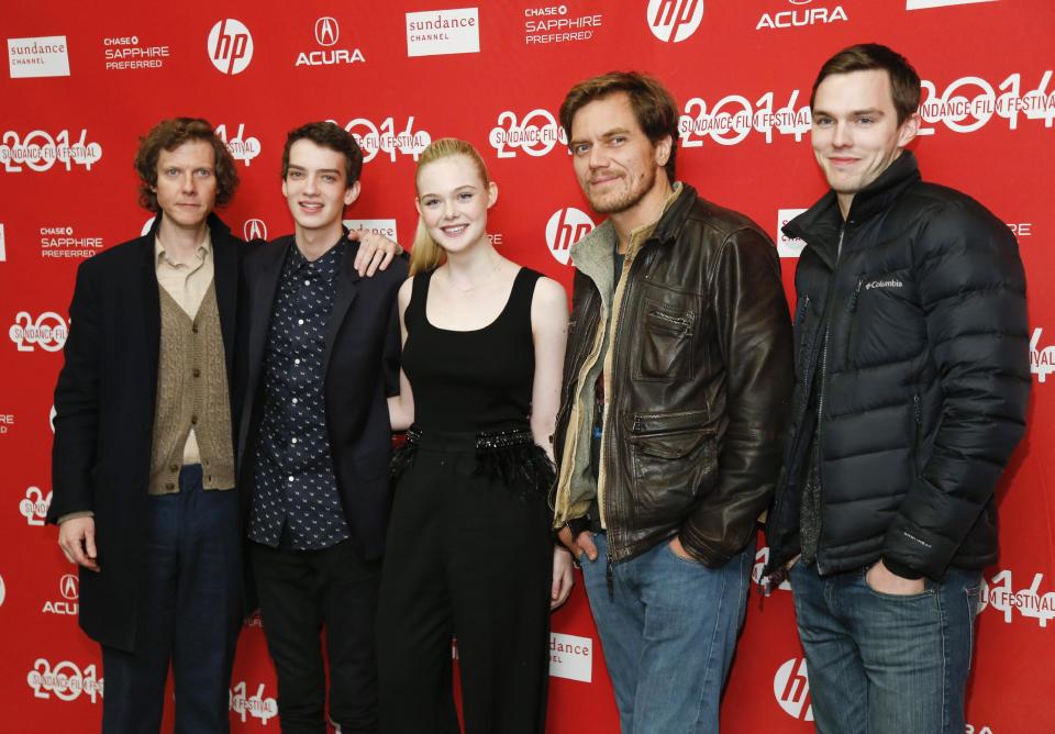 From left to right, writer and director Jake Paltrow, cast members Kodi Smit-McPhee, Elle Fanning, Michael Shannon, and Nicholas Hoult pose at the premiere of the film "Young Ones" during the 2014 Sundance Film Festival, on Saturday, Jan. 18, 2014 in Park City, Utah. (Photo by Danny Moloshok/Invision/AP)