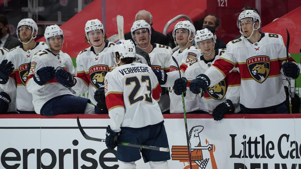 Florida Panthers center Carter Verhaeghe (23) celebrates his goal against the Detroit Red Wings in the third period of an NHL hockey game Sunday, Jan. 31, 2021, in Detroit. (AP Photo/Paul Sancya)