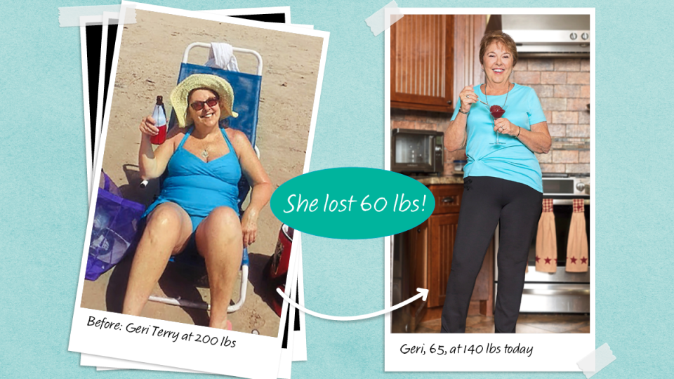 Before and after photos of Geri Terry who lost 60 lbs with the help of keto ice cream