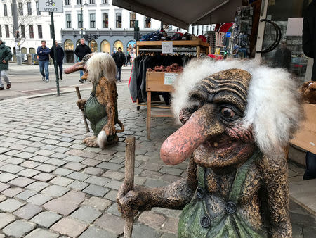 Traditional troll figures are pictured outside a shop in Oslo, Norway March 20, 2017. REUTERS/Lefteris Karagiannopoulos