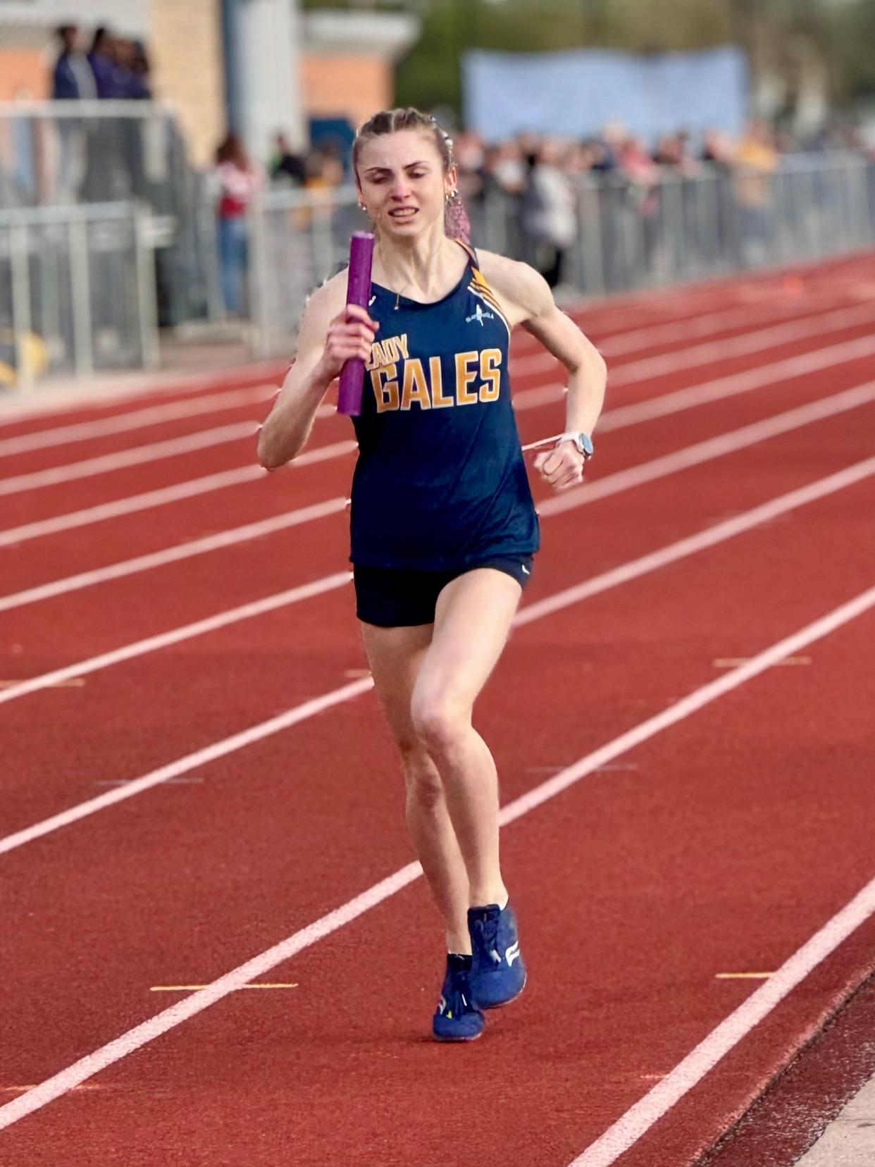 Lancaster's Marisa Heil runs during a relay during the Lancaster Fulton Relays. Heil was part of the 4x1600 relay team that broke a school record during the meet as the Lady Gales won the 10-team event for the seventh consecutive year.