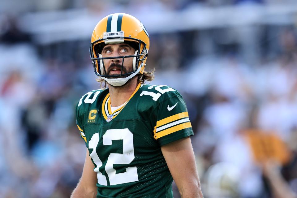Aaron Rodgers #12 of the Green Bay Packers reacts against the New Orleans Saints during the second half at TIAA Bank Field on September 12, 2021 in Jacksonville, Florida.