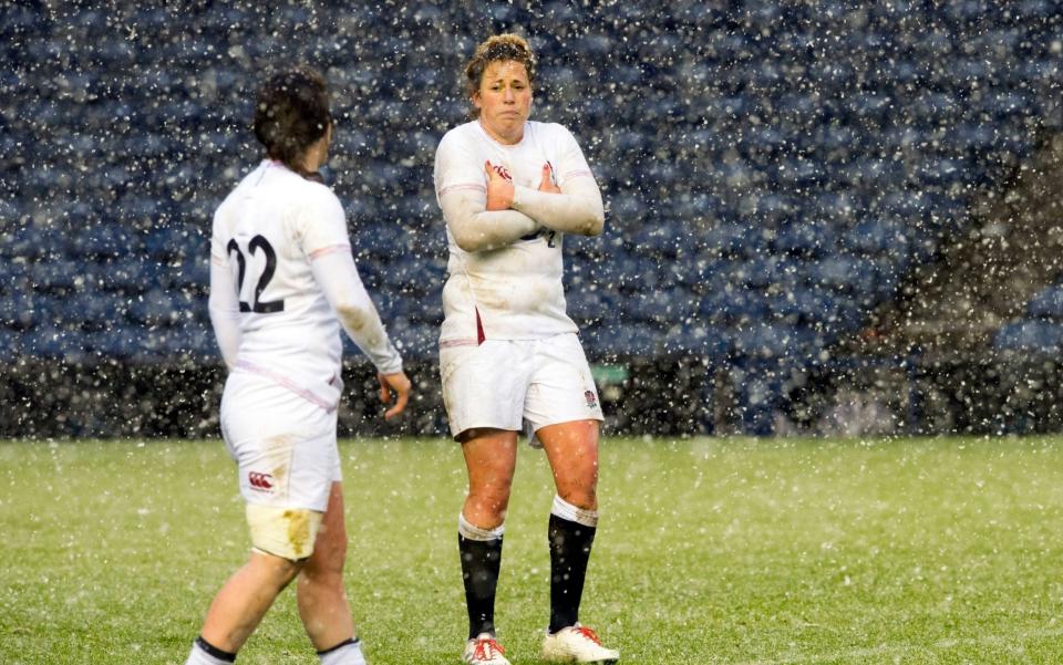 Katy Daley-Mclean and Amber Reed feel the cold as the weather keeps fans out of Murrayfield - PA