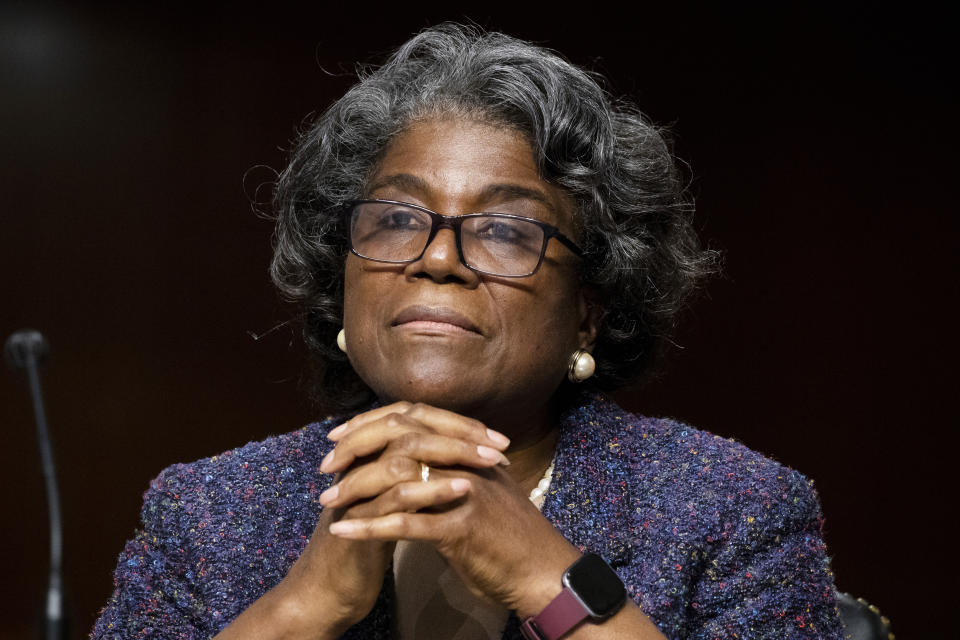 FILE - In this Jan. 27, 2021 file photo, United States Ambassador to the United Nations nominee Linda Thomas-Greenfield testifies during for her confirmation hearing before the Senate Foreign Relations Committee on Capitol Hill in Washington. The Senate has confirmed Thomas-Greenfield to serve as President Biden's United Nations ambassador. (Michael Reynolds/Pool via AP)