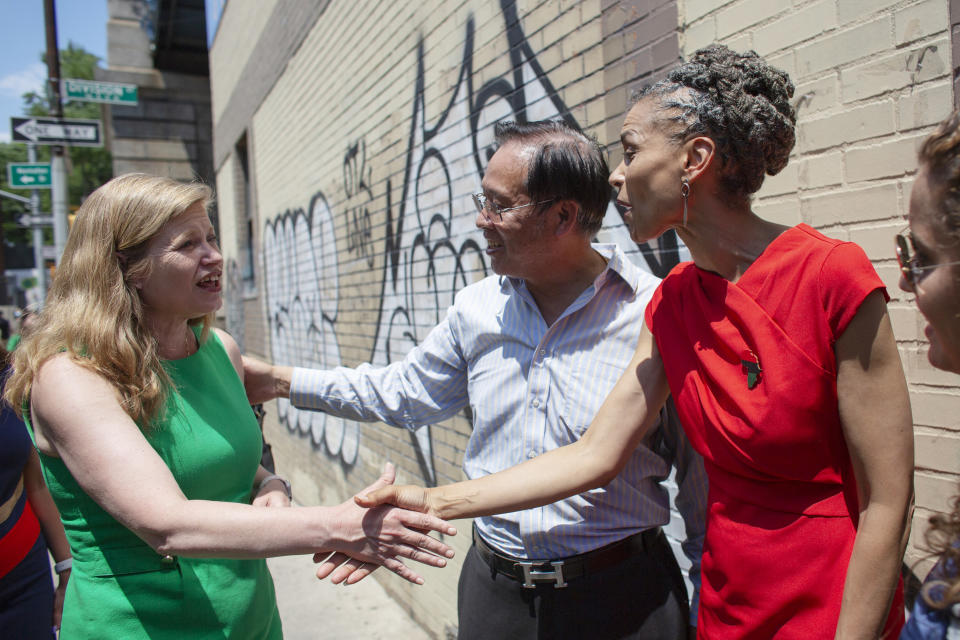 Mayoral candidates Kathryn Garcia, left, and Maya Wiley greet each other at the unveiling of a mural in Chinatown on June 20 in New York City.