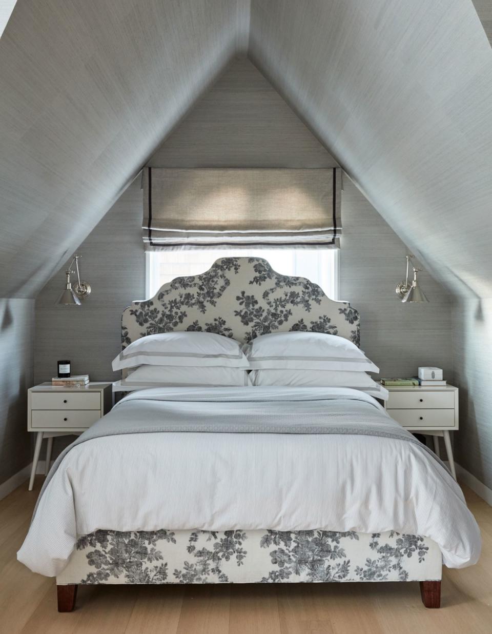 Though the home’s attic space wasn’t intended to be a bedroom, Kwong embraced the original architecture to create a cozy bedroom for the couple’s 17-year-old daughter. With its sloped ceiling, silk Ralph Lauren Home wallpaper, and romantic, floral-upholstered bed frame, this space turned out to be Kwong’s favorite. “It’s sort of my teenage self’s dream bedroom,” she says.