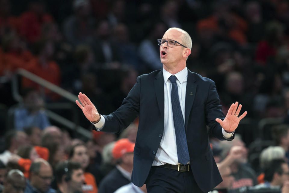 Connecticut head coach Dan Hurley reacts during the first half of an NCAA college basketball game against the Syracuse in the 2K Empire Classic, Thursday, Nov. 15, 2018, at Madison Square Garden in New York. (AP Photo/Mary Altaffer)