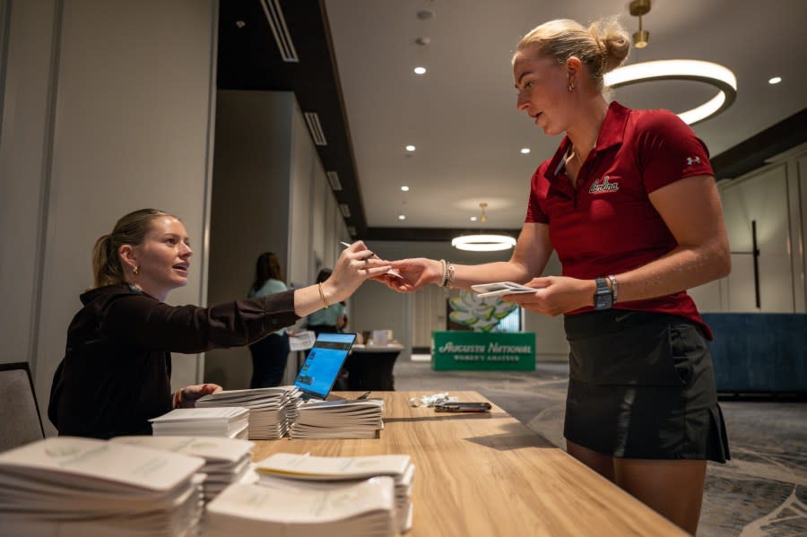 Louise Rydqvist, a University of South Carolina golfer from Sweden, signs in at Player Registration ahead of the Augusta National Women’s Amateur at the Crowne Plaza Hotel in North Augusta, S.C. Tuesday, April 1, 2024. (Photo courtesy: Augusta National Golf Club)