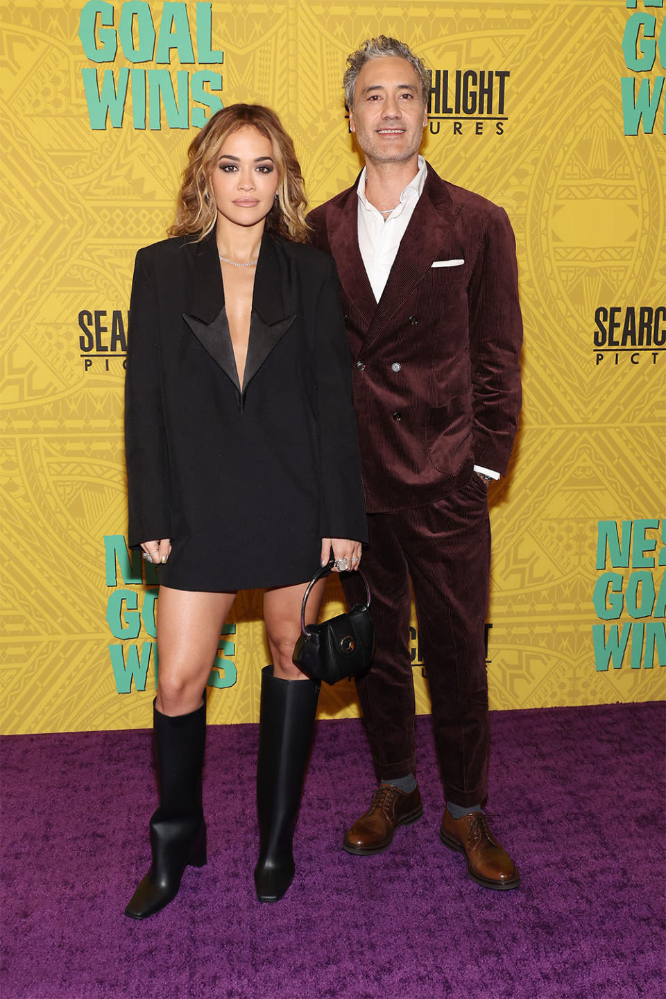 Rita Ora and Taika Waititi attend the Los Angeles premiere of Searchlight Pictures Next Goal Wins at AMC The Grove 14 on November 14, 2023 in Los Angeles, California.