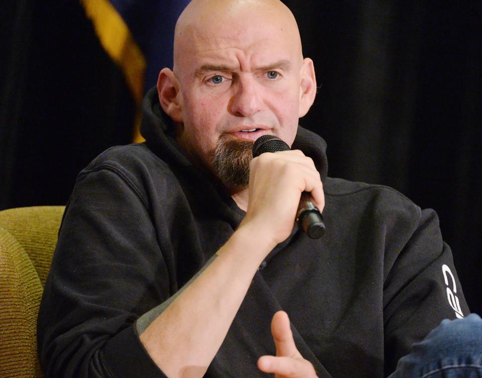 Pennsylvania Lt. Gov. John Fetterman, Democratic nominee for U.S. Senate, speaks during a town-hall style event on Tuesday at Penn State Behrend in Harborcreek Township.