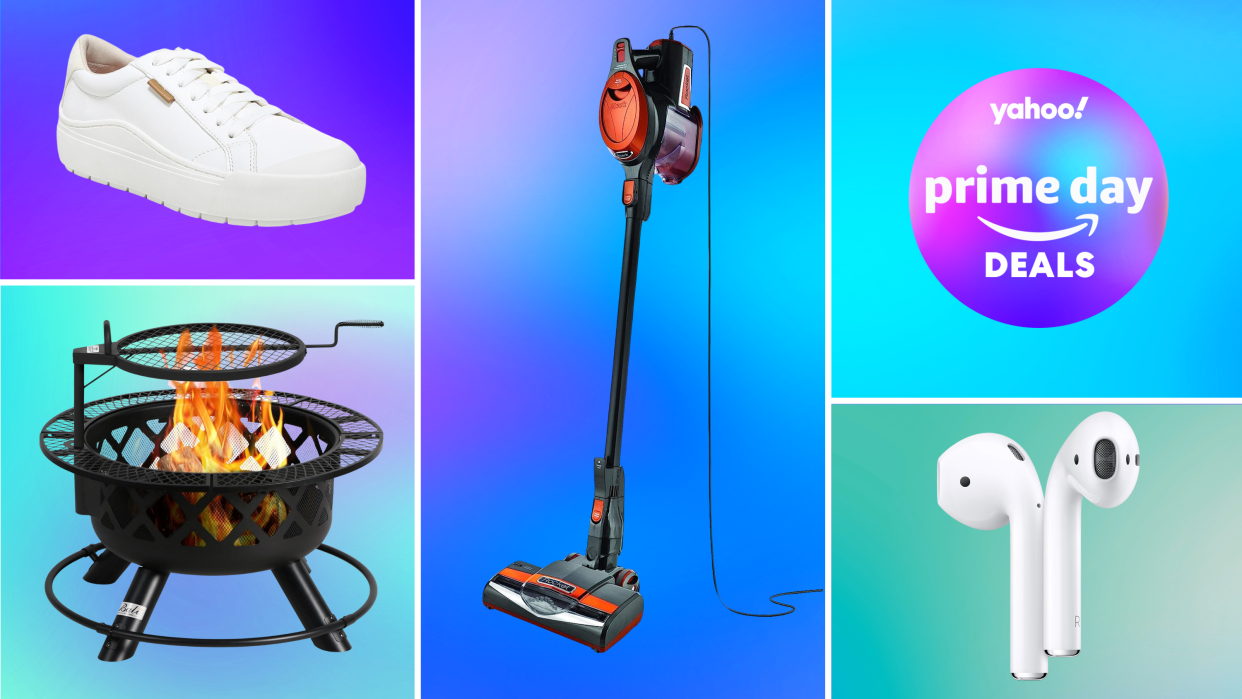 Fire pit, Apple AirPods, Shark robot vacuum, Dr. Scholl's tennis shoe, Calphalon knife set and a badge that reads: Yahoo! Prime Day Deals