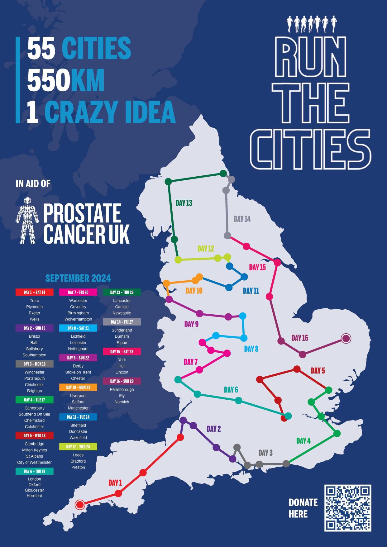 A diagram of a map showing the route for Run The Cities a challenge where a man and his friends will run every English city in 16 days for Prostate Cancer UK