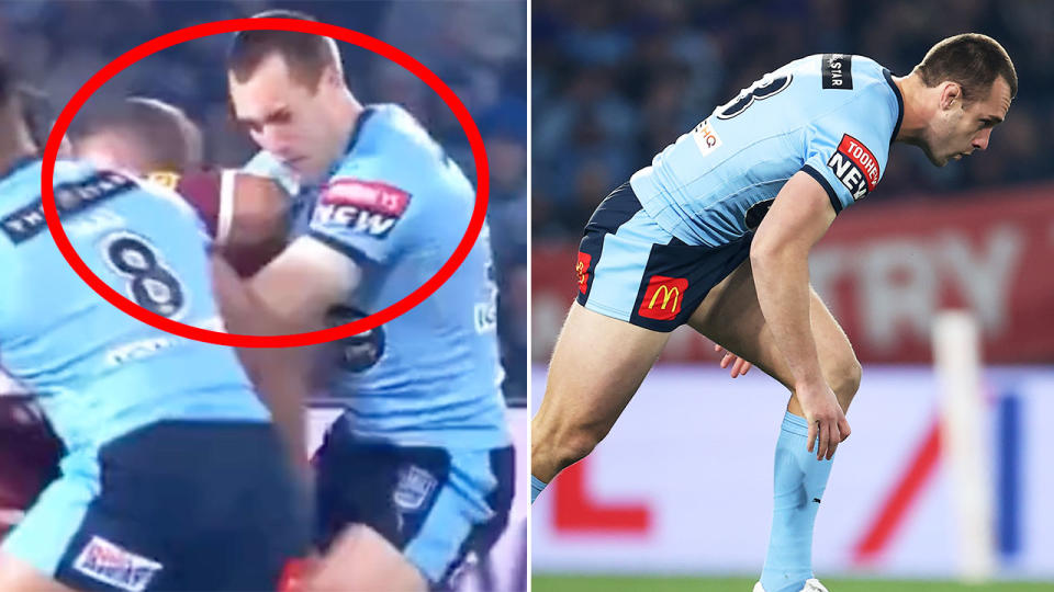 Isaah Yeo was allowed to stay on the field despite being rocked in an early State of Origin incident. Pic: Ch9/Getty