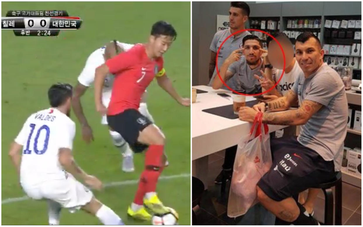 Son Heung-Min, hace un control durante el Corea-Chile. (Derecha) foto controversial de Diego Valdés con un hincha. | Foto: Youtube