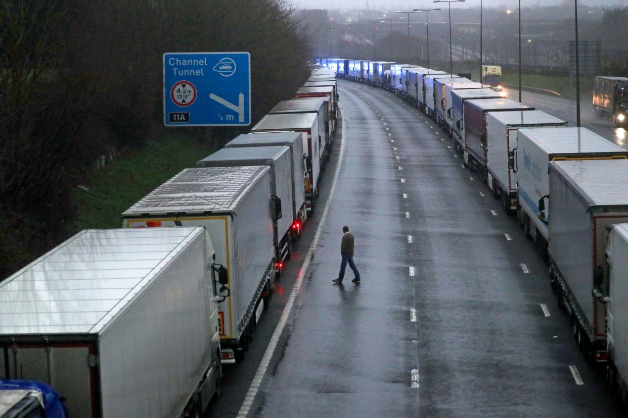 Lorries parked on the M20 in Kent on Monday (PA)