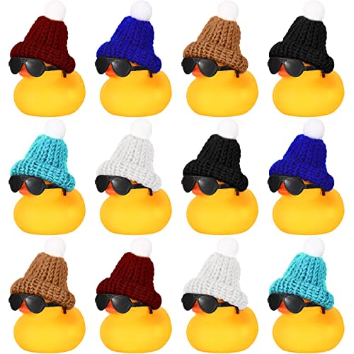 12 Pcs Mini Rubber Ducks with 12 Sunglasses/ Glasses and Hats/ Necklace, Halloween Christmas Rubber Duck Bulk Bathtub Toy Duckies for Toddler Kid Holiday Party Supplies (Cute Style, Yellow)