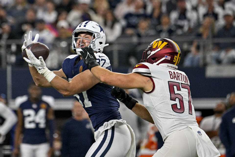 Dallas Cowboys tight end <a class="link " href="https://sports.yahoo.com/nfl/players/34085" data-i13n="sec:content-canvas;subsec:anchor_text;elm:context_link" data-ylk="slk:Jake Ferguson;sec:content-canvas;subsec:anchor_text;elm:context_link;itc:0">Jake Ferguson</a> (87) catches a pass for a first down over Washington Commanders linebacker Cody Barton (57). Mandatory Credit: Jerome Miron-USA TODAY Sports