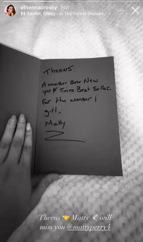 <p> Athenna Crosby/Instagram</p> Athenna Crosby shared a note Matthew Perry wrote for her in a copy of his 2022 memoir.